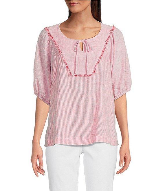 Ali Miles Woven Stripe Linen Blend Yarn-Dyed Split Round Neck Elbow Sleeve Frayed Hem Tunic Product Image