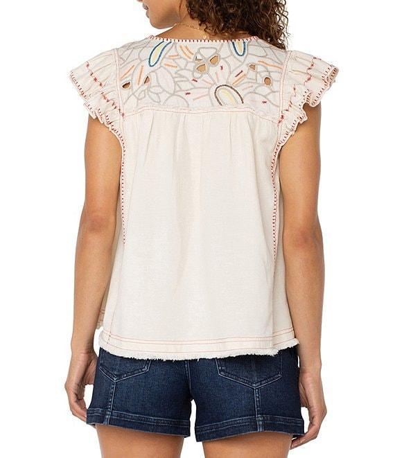 Liverpool Los Angeles Woven V-Neck Cap Sleeve Embroidered Top Product Image