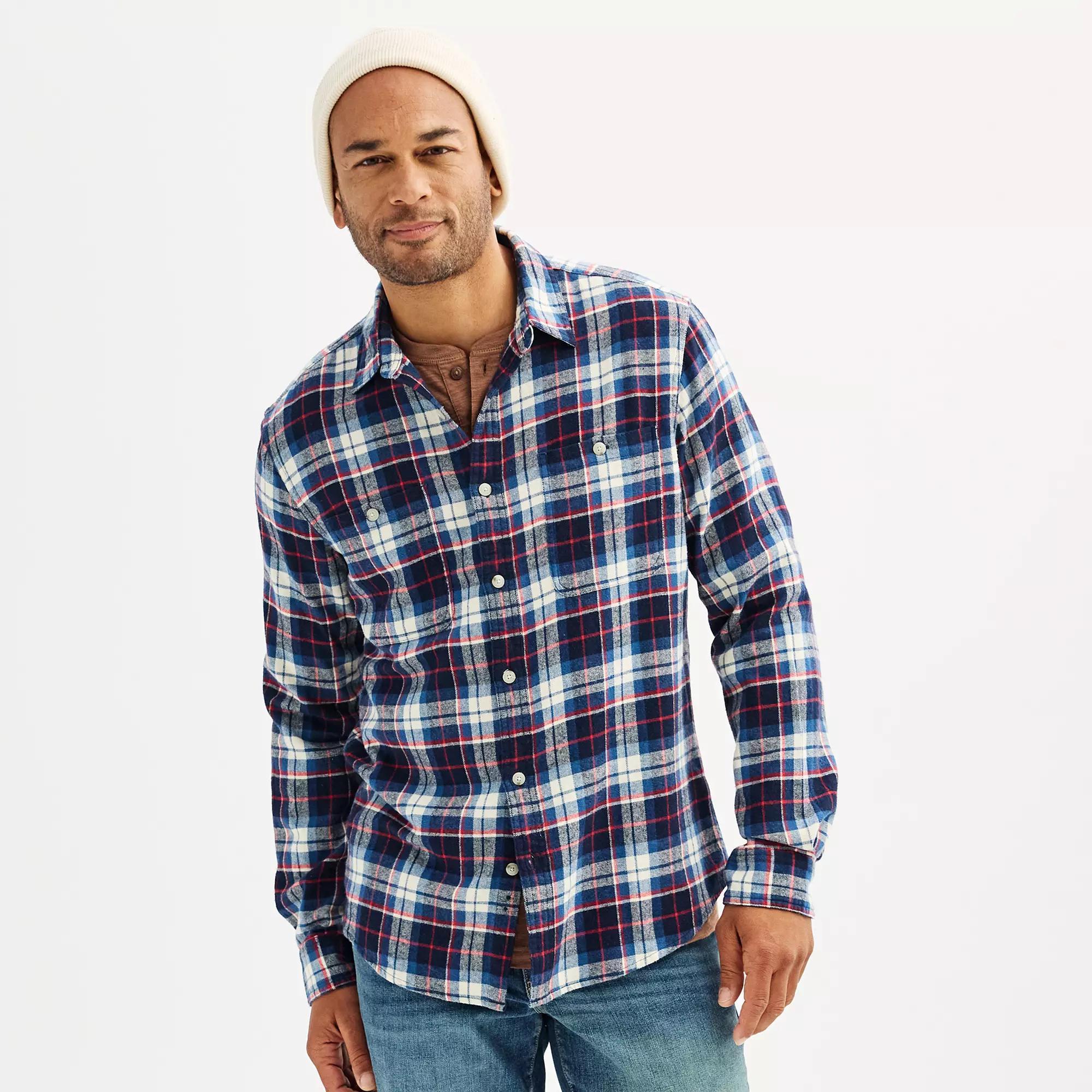 Men's Sonoma Goods For Life® Supersoft Flannel Button-Down Shirt, Size: Medium, Red Blue Plaid Product Image