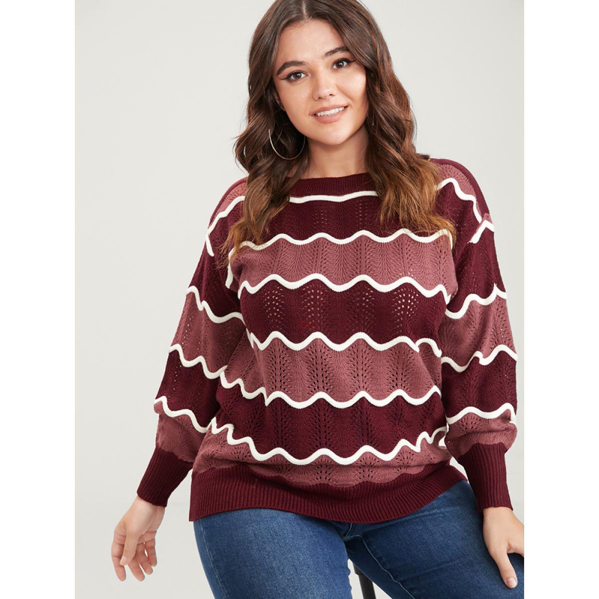 Plus Size Colorblock Contrast Pointelle Knit Water Ripple Knit Top Scarlet Women Elegant Long Sleeve Round Neck Dailywear Pullovers BloomChic 22-24/3X Product Image