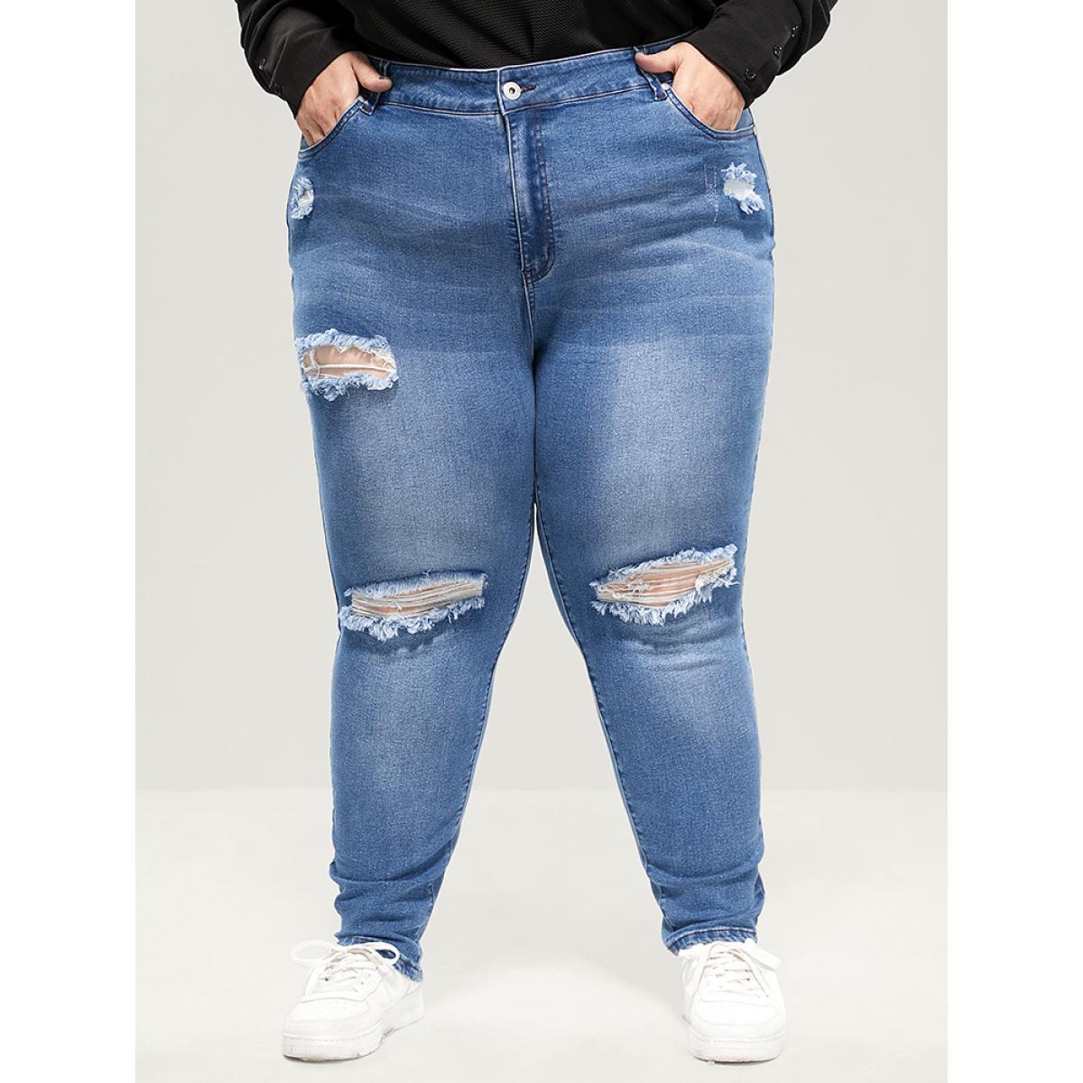 Plus Size Skinny Very Stretchy High Rise Asymmetrical Distressed Jeans Women Blue Casual Plain High stretch Pocket Jeans BloomChic 26/4X Product Image