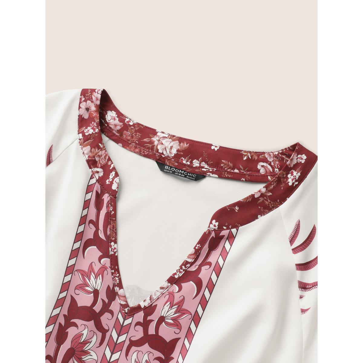Plus Size Boho Print Notched Belted Gathered Lantern Sleeve Dress Red Women Resort Non Notched collar Long Sleeve Curvy Midi Dress BloomChic 22-24/3X Product Image