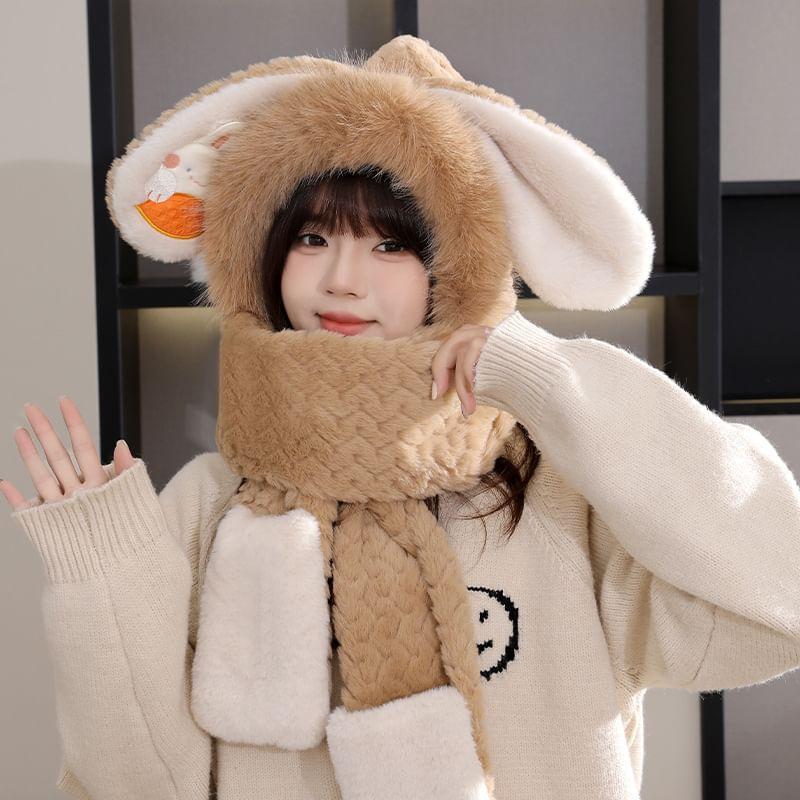Rabbit Faux Fur Hooded Scarf with Mittens Product Image