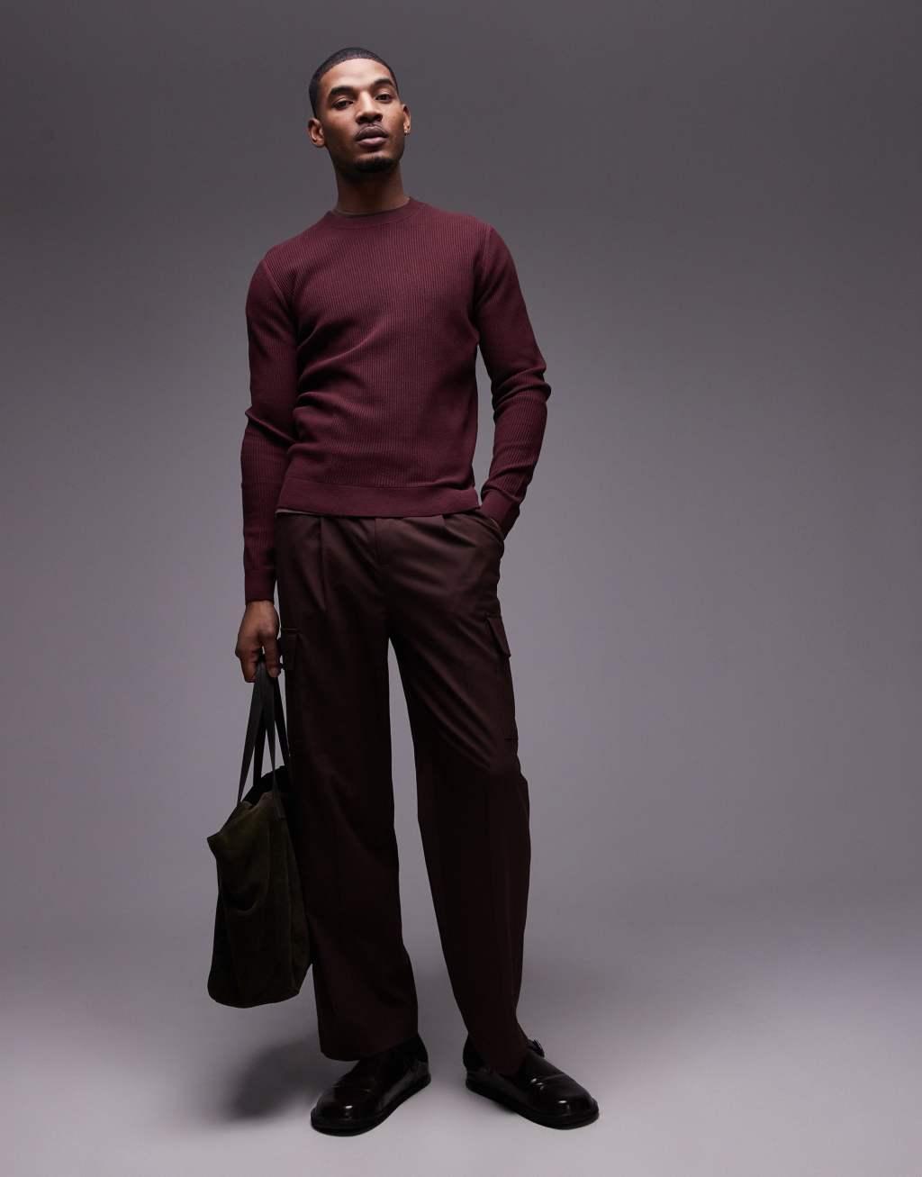 Mango round neck sweater in burgundy Product Image