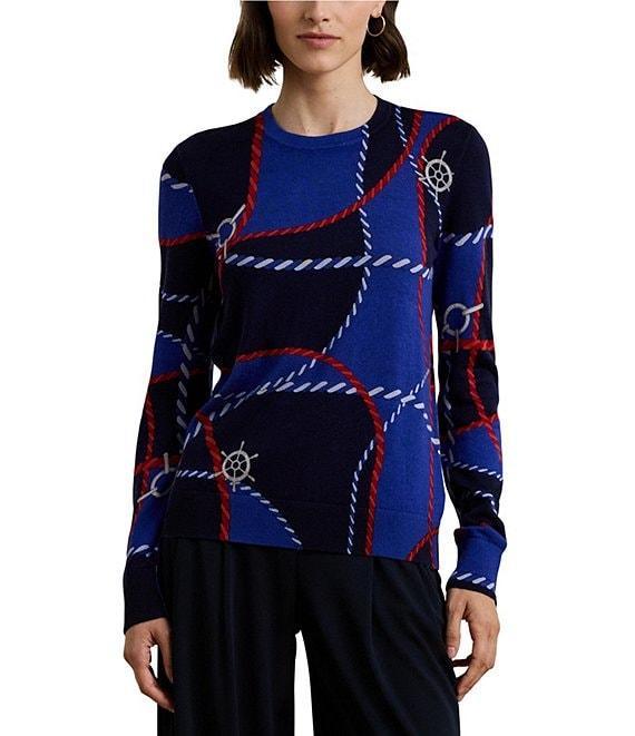 Lauren Ralph Cotton Blend Rope Print Crew Neck Long Sleeve Sweater Product Image