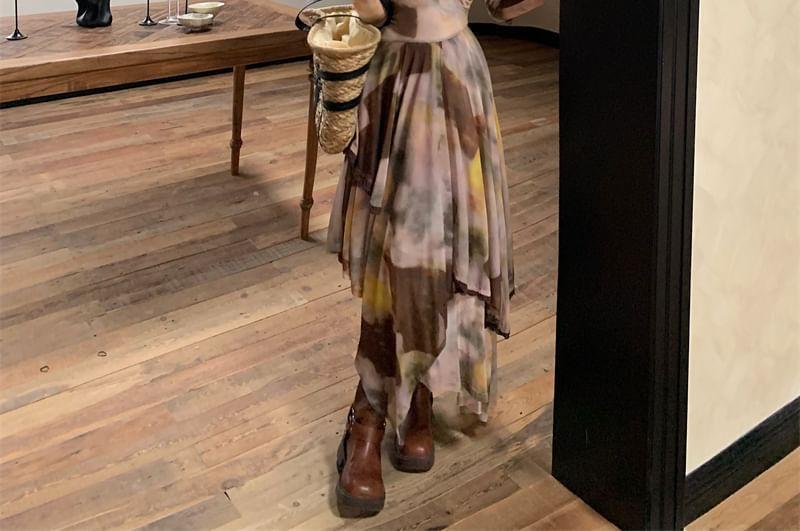 Long-Sleeve Off-Shoulder Tie Dye Asymmetrical Midi A-Line Dress Product Image