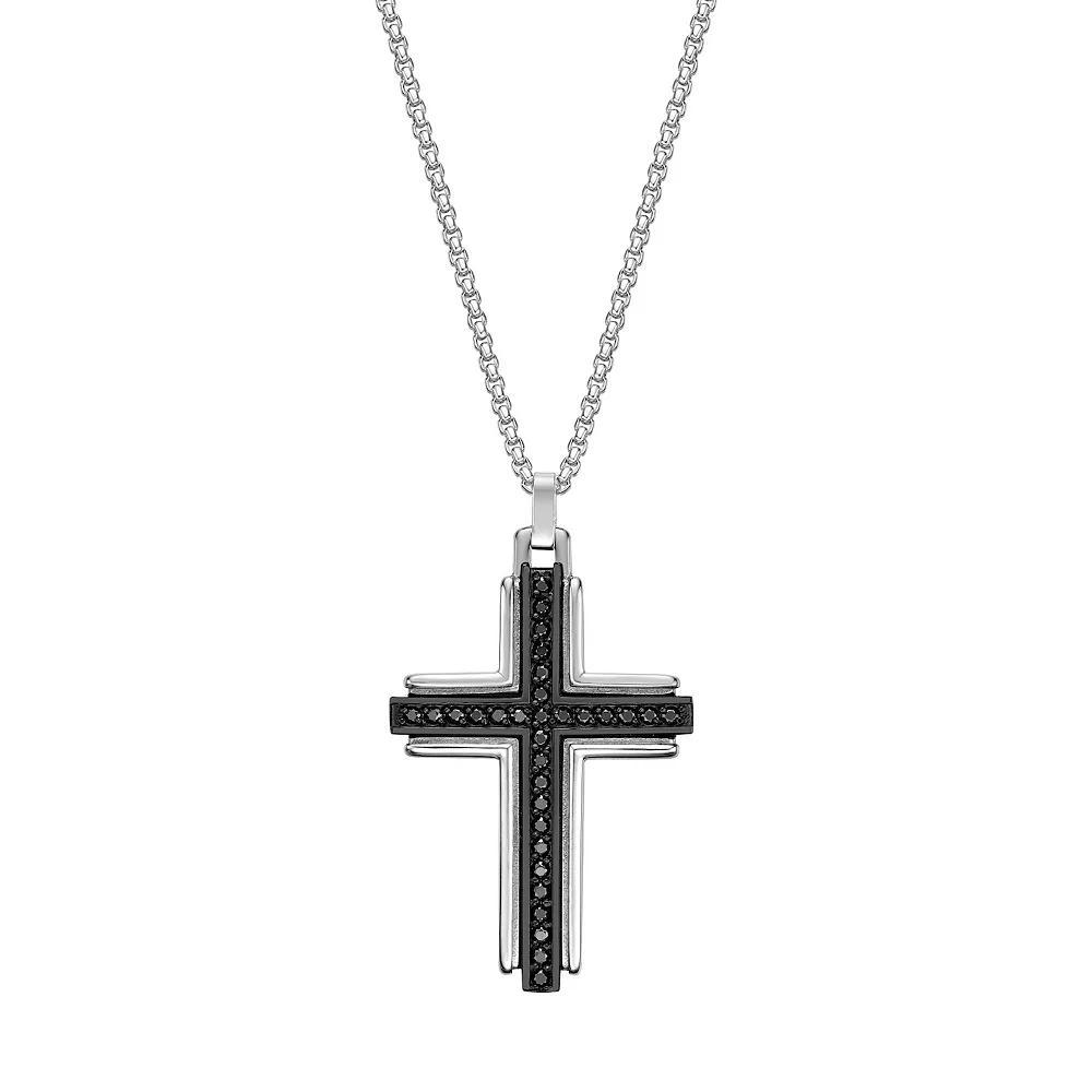 Men's LYNX Stainless Steel & Black Agate Cross Pendant Necklace, Size: 24", Two Tone Product Image