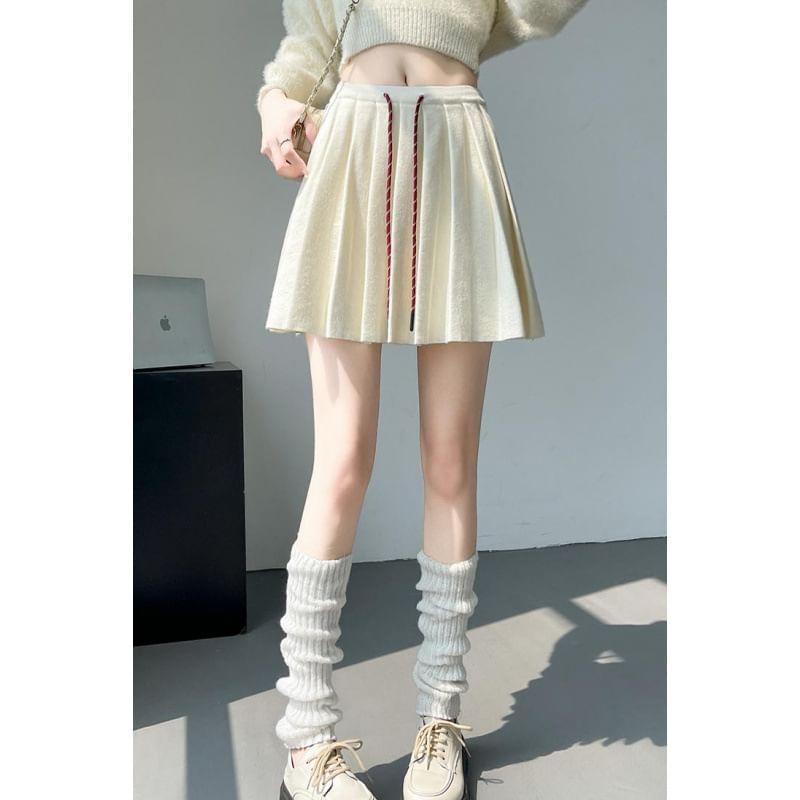 Drawstring Waist Pleated Mini A-Line Knit Skirt Product Image