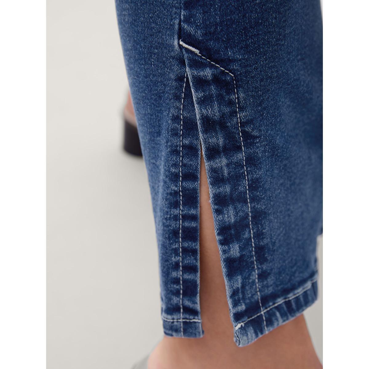 Plus Size Stretch No-Gap Waist Slit Hem Jeans Women Midblue Casual Slit High stretch Slanted pocket Jeans BloomChic 18/2X Product Image