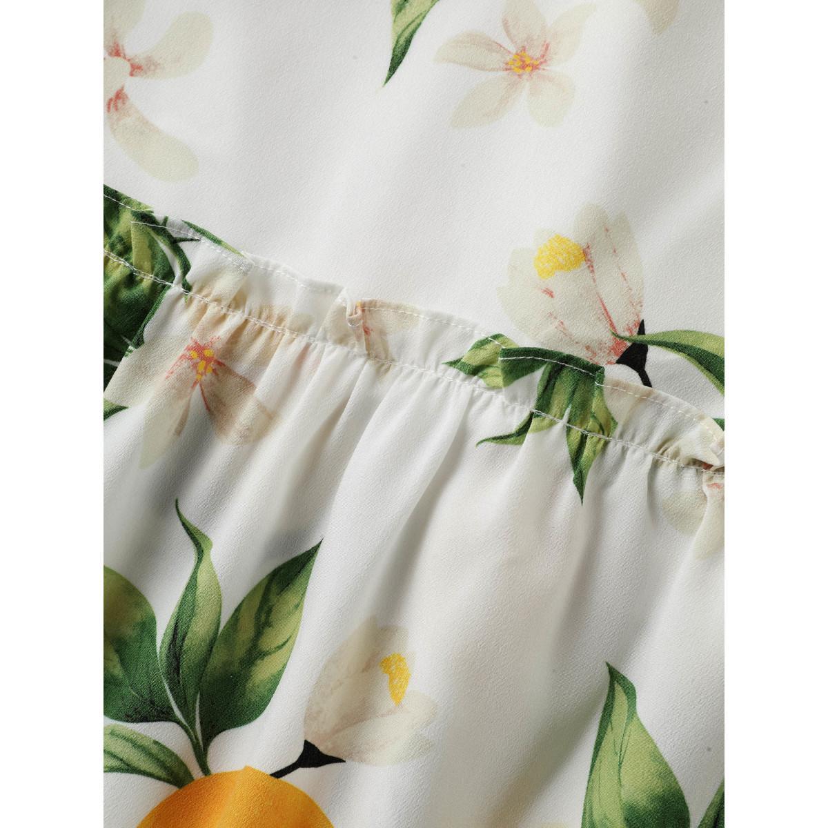 Plus Size WhiteSmoke Citrus Print Petal Trim Blouse Women Short sleeve V-neck Everyday-Casual Blouses BloomChic 12/L Product Image