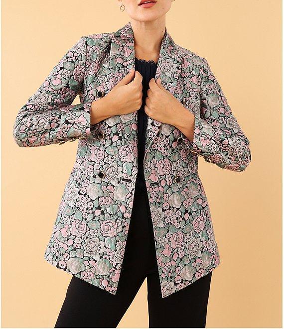 Abbey Glass Calvin Floral Jacquard Notch Lapel Long Sleeve Button Front Double Breasted Coordinating Blazer Product Image