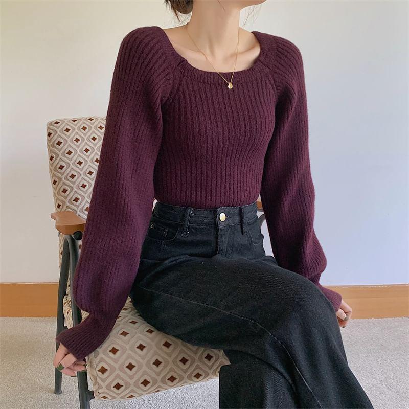 Long-Sleeve Scoop Neck Ribbed Knit Top Product Image