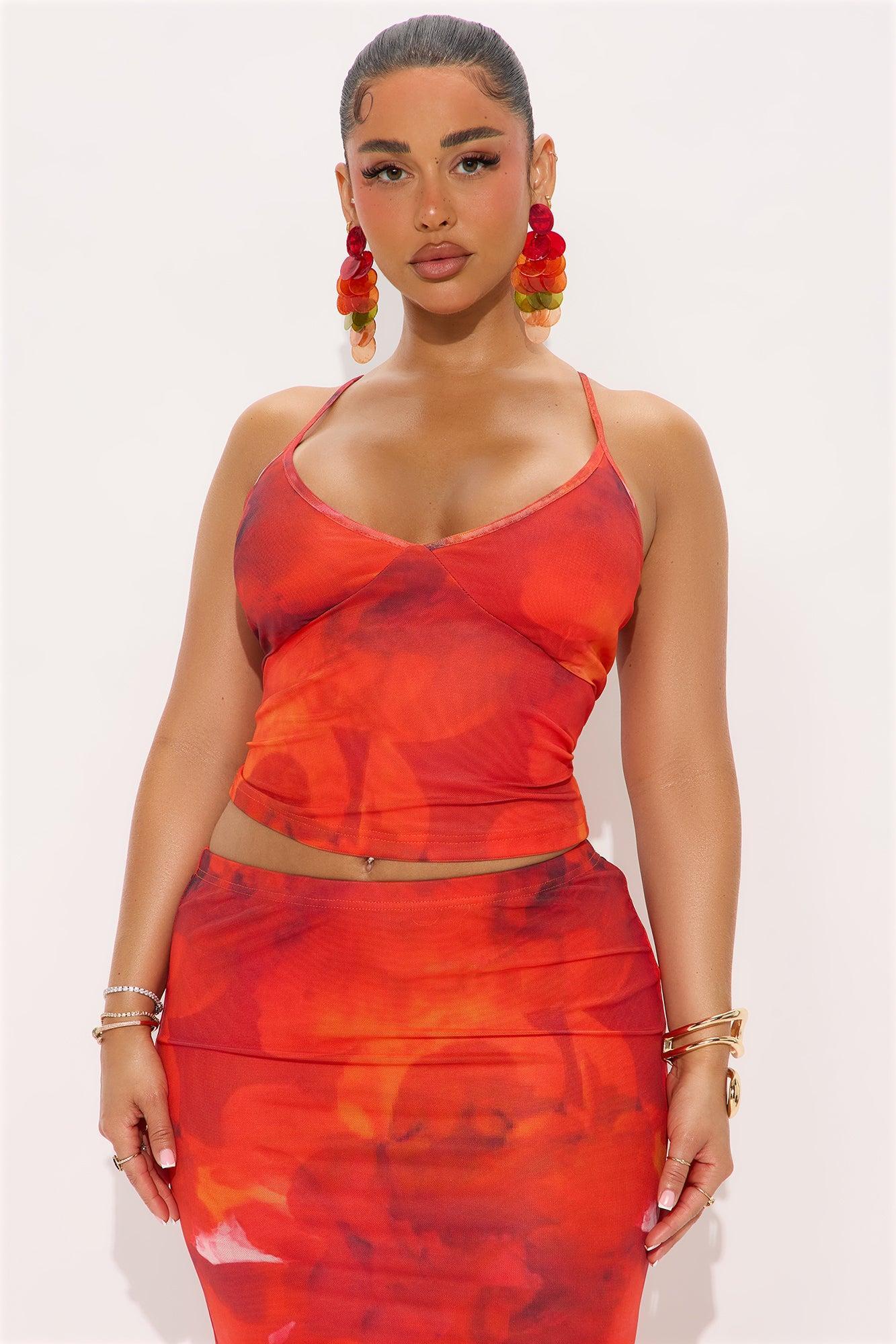Coastal Mesh Cami Top and Maxi Skirt Set - Red/combo Product Image