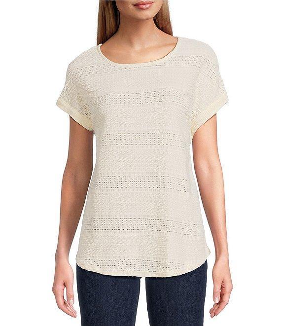 Ruby Rd. Petite Size Crochet Knit Boat Neck Short Button Tab Sleeve Top Product Image