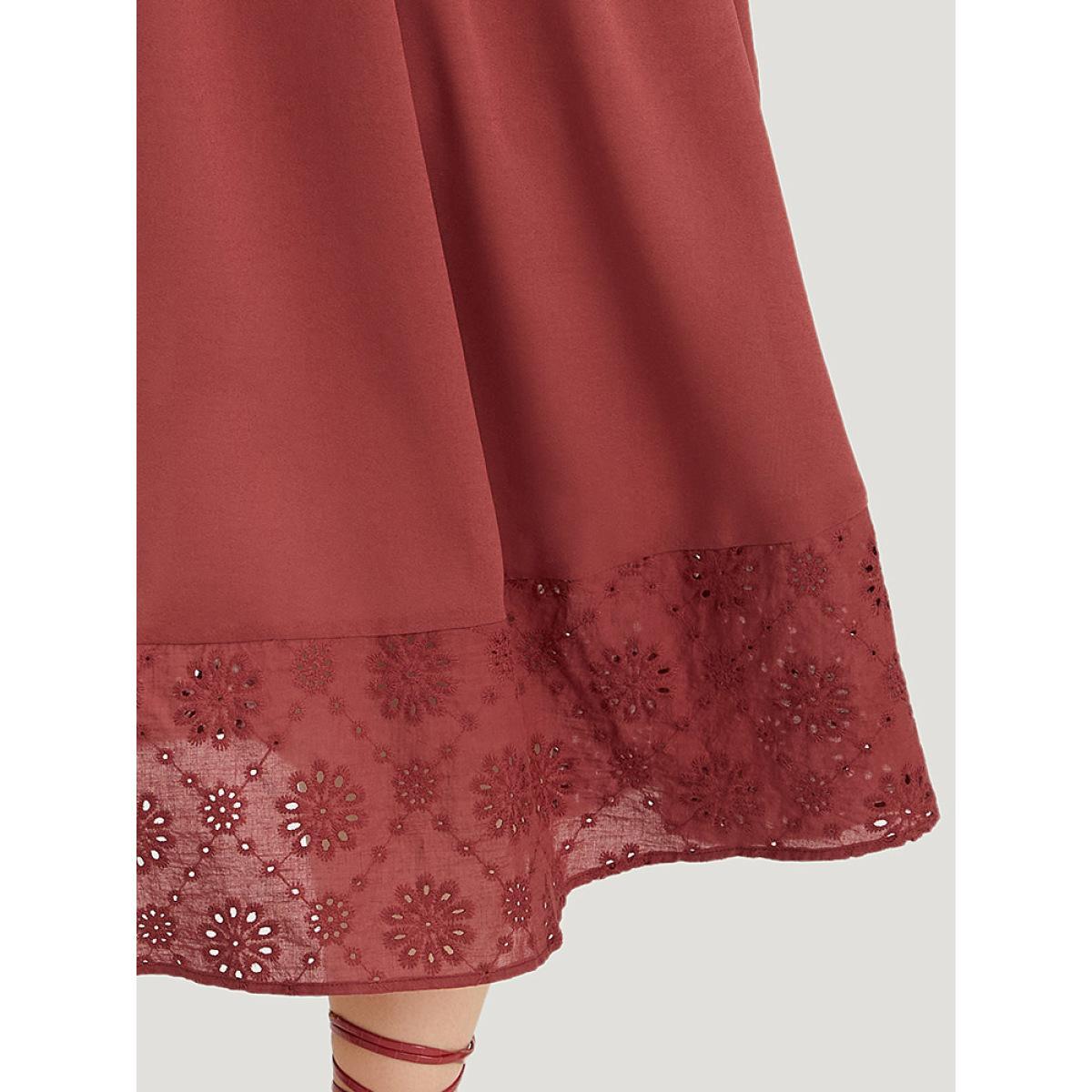 Plus Size Plain Elastic Cuffs Pocket Laser Cut Dress Russet Women Elegant Elastic cuffs V-neck Elbow-length sleeve Curvy Midi Dress BloomChic 26/4X Product Image