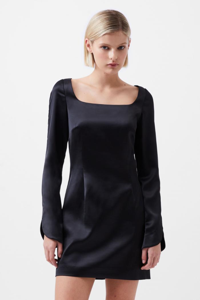 Structured Satin Split Sleeve Dress - Black Product Image
