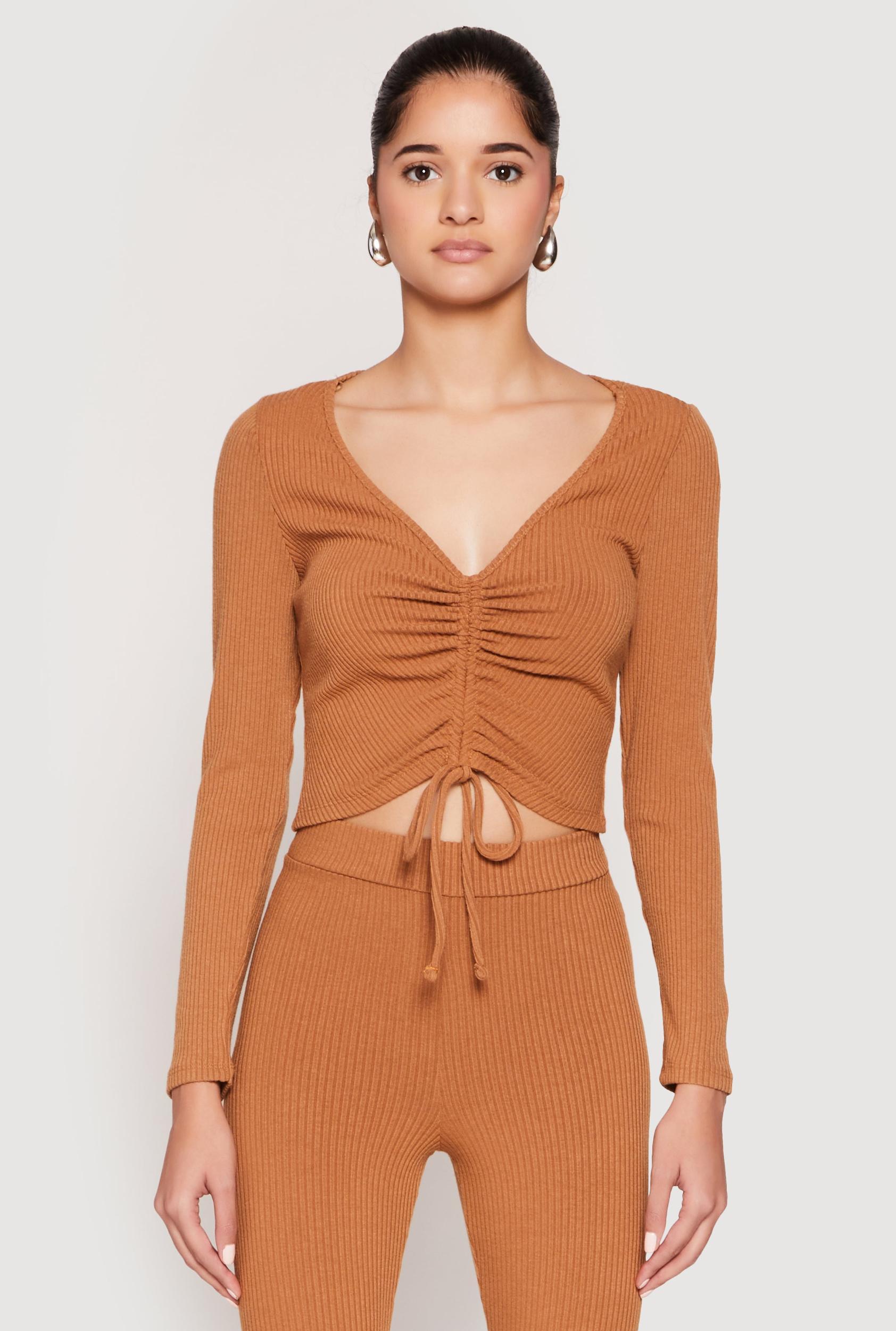 Womens Rib Knit Drawstring Front Ruched Crop Top Product Image