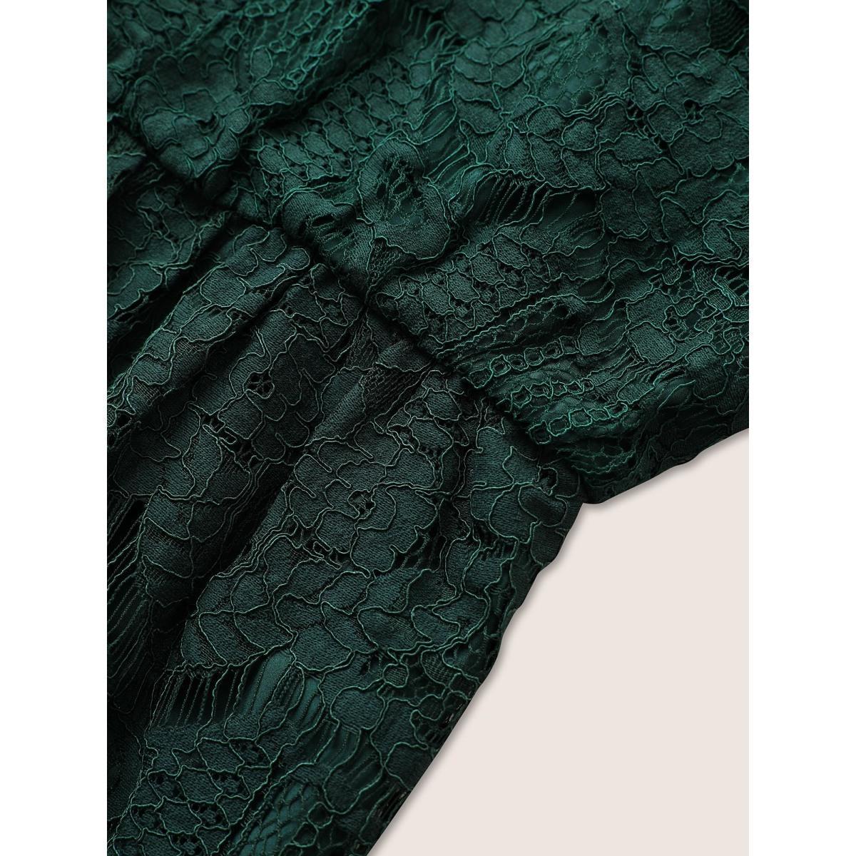 Plus Size DarkGreen Solid Lace Patchwork Elastic Waist Blouse Women Elegant Long Sleeve V-neck Party Blouses BloomChic 28/5X Product Image