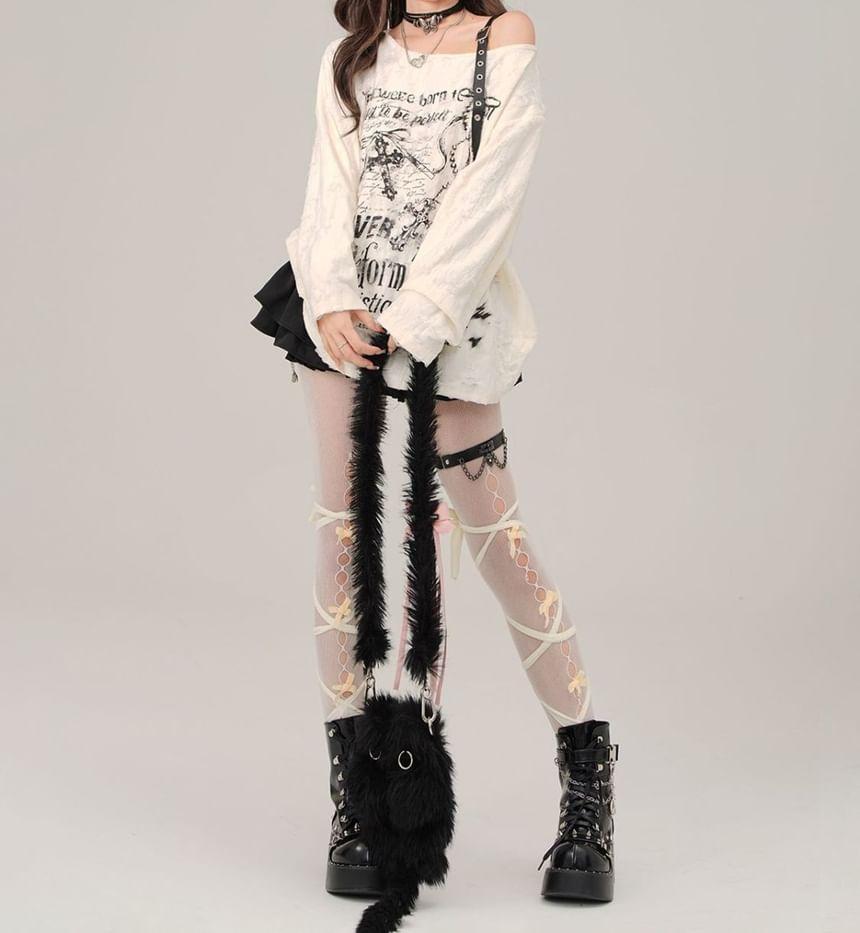 Long Sleeve Cold-Shoulder Lettering Print Distressed Loose-Fit Knit Top Product Image