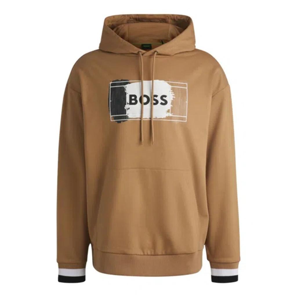 HUGO BOSS Cotton-terry Hoodie With Signature Artwork In Beige Product Image