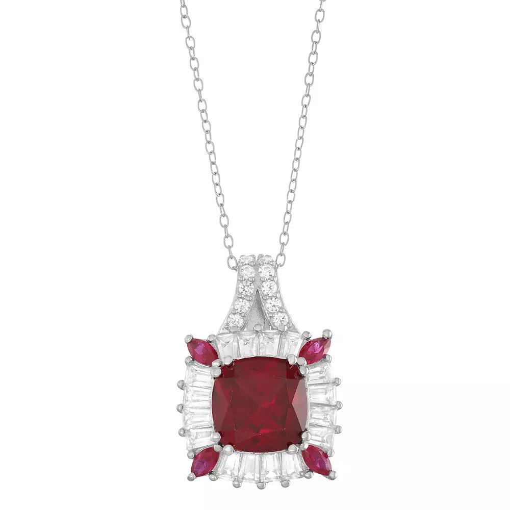 Sterling Silver Lab-Created Ruby and Lab-Created White Sapphire Cushion Pendant Necklace, Women's, Size: 18" Product Image