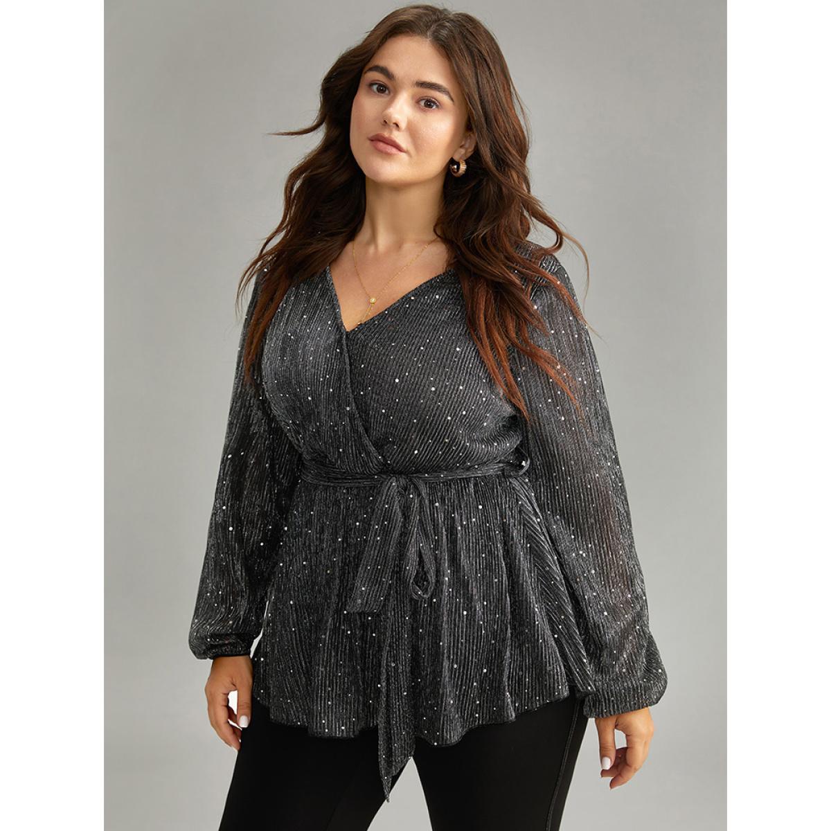 Plus Size Black Halloween Sequin Belted Elastic Waist Ruffle Hem Blouse Women Party Long Sleeve V-neck Festival-Halloween Blouses BloomChic 10/M Product Image