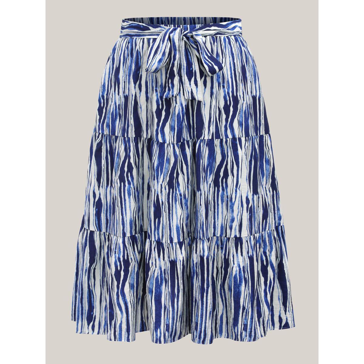 Plus Size Nautical Stripes Belted Tiered Maxi Skirt Women Navy Loose No stretch Side seam pocket Belt Vacation Skirts BloomChic 26/4X Product Image