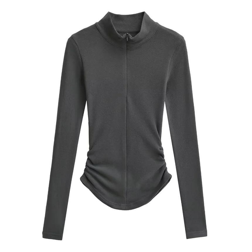 Long-Sleeve Stand Collar Plain Ruched T-Shirt / High Waist Plain Flared Pants Product Image