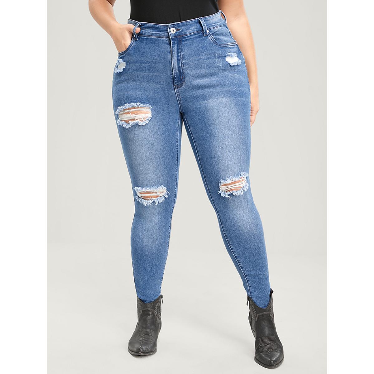 Plus Size Skinny Very Stretchy High Rise Asymmetrical Distressed Jeans Women Blue Casual Plain High stretch Pocket Jeans BloomChic 26/4X Product Image