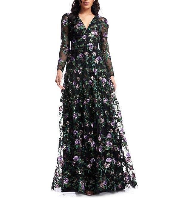 Dress the Population Angelina Floral Embroidered V-Neck Blouson Sleeve Fit & Flare Gown Product Image