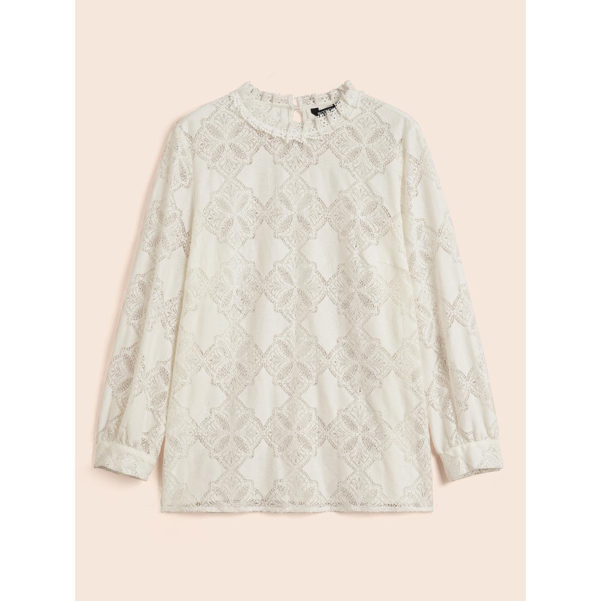 Plus Size Ivory Lace Panel Mesh Stand Collar Blouse Women Elegant Long Sleeve Stand-up collar Everyday Blouses BloomChic 10/M Product Image