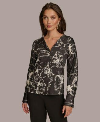 Donna Karan Womens Printed V-Neck Blouse Product Image