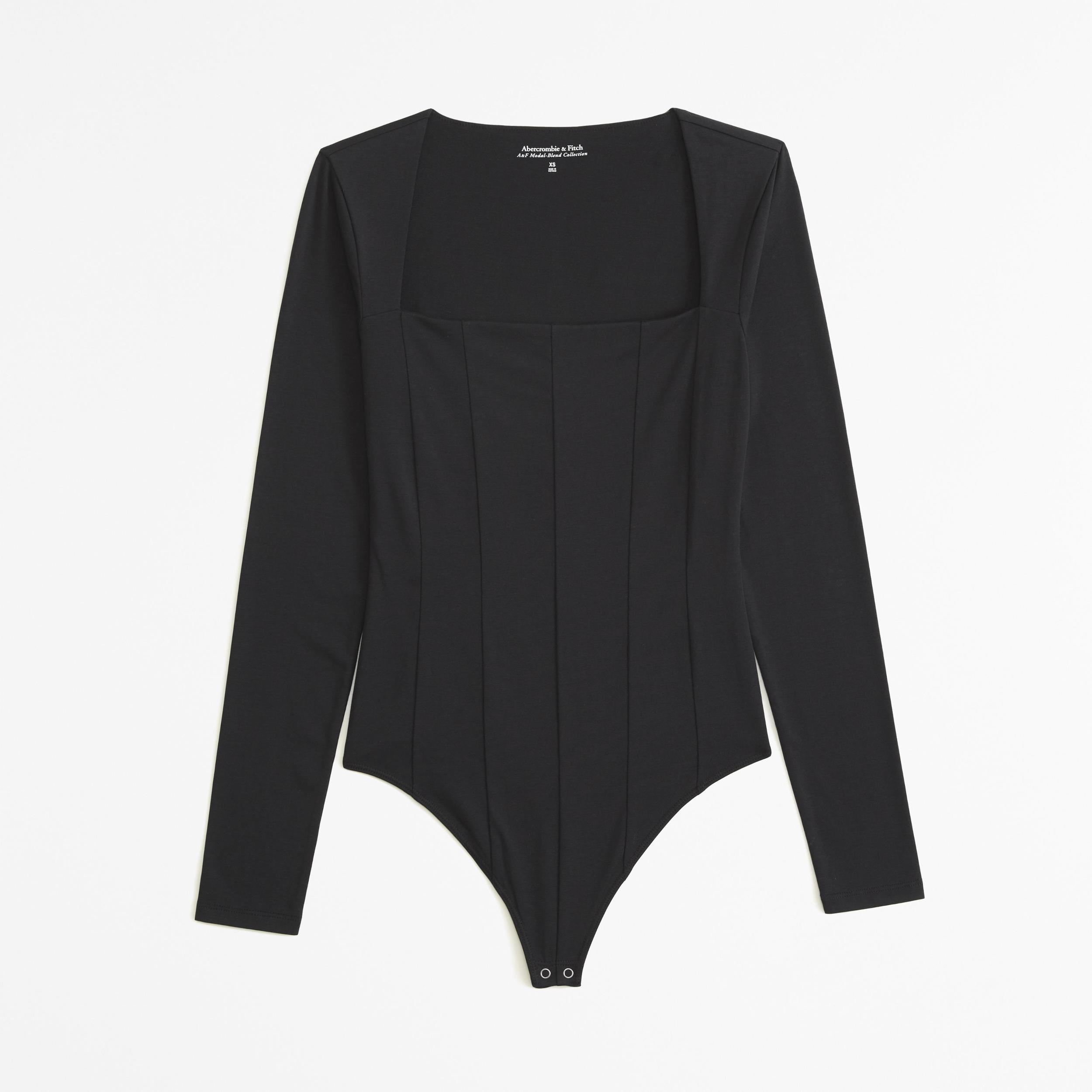 Long-Sleeve Cotton-Modal Squareneck Corset Bodysuit Product Image