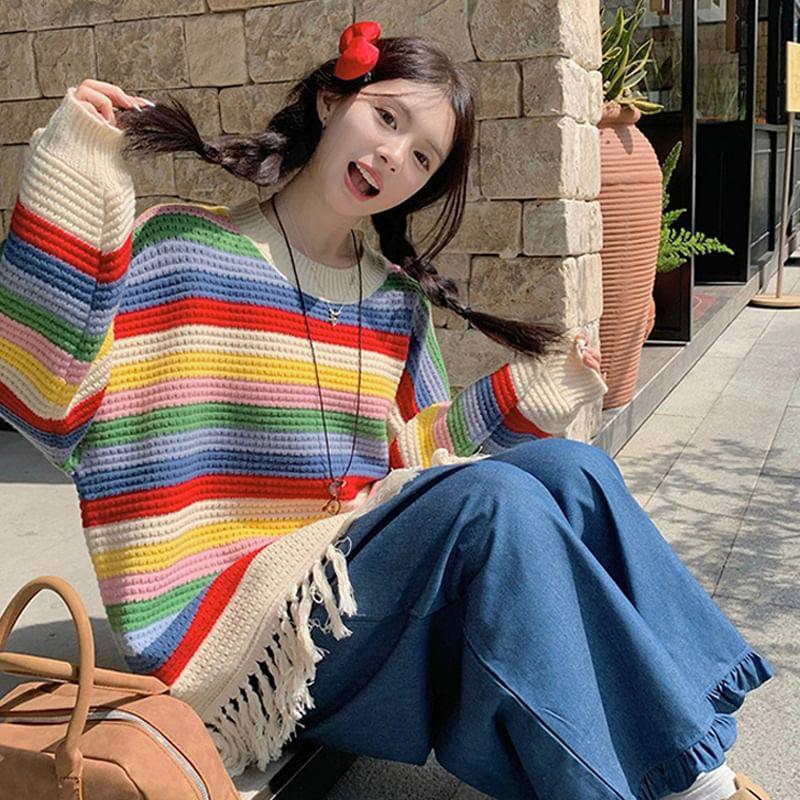 Round Neck Color Block Fringe Sweater Product Image