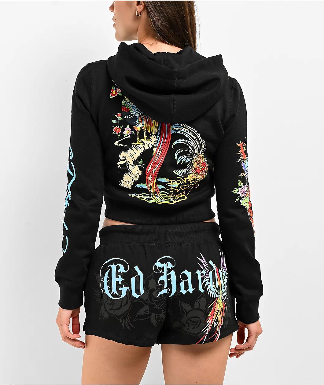 Ed Hardy Phoenix Y2K Black Crop Zip Hoodie Product Image