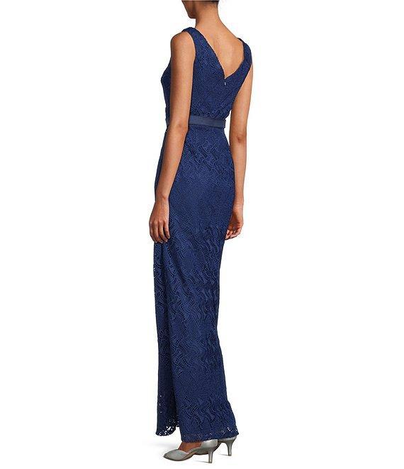 Kay Unger Geometric Lace Surplice V-Neckline Sleeveless Belted Gown Product Image