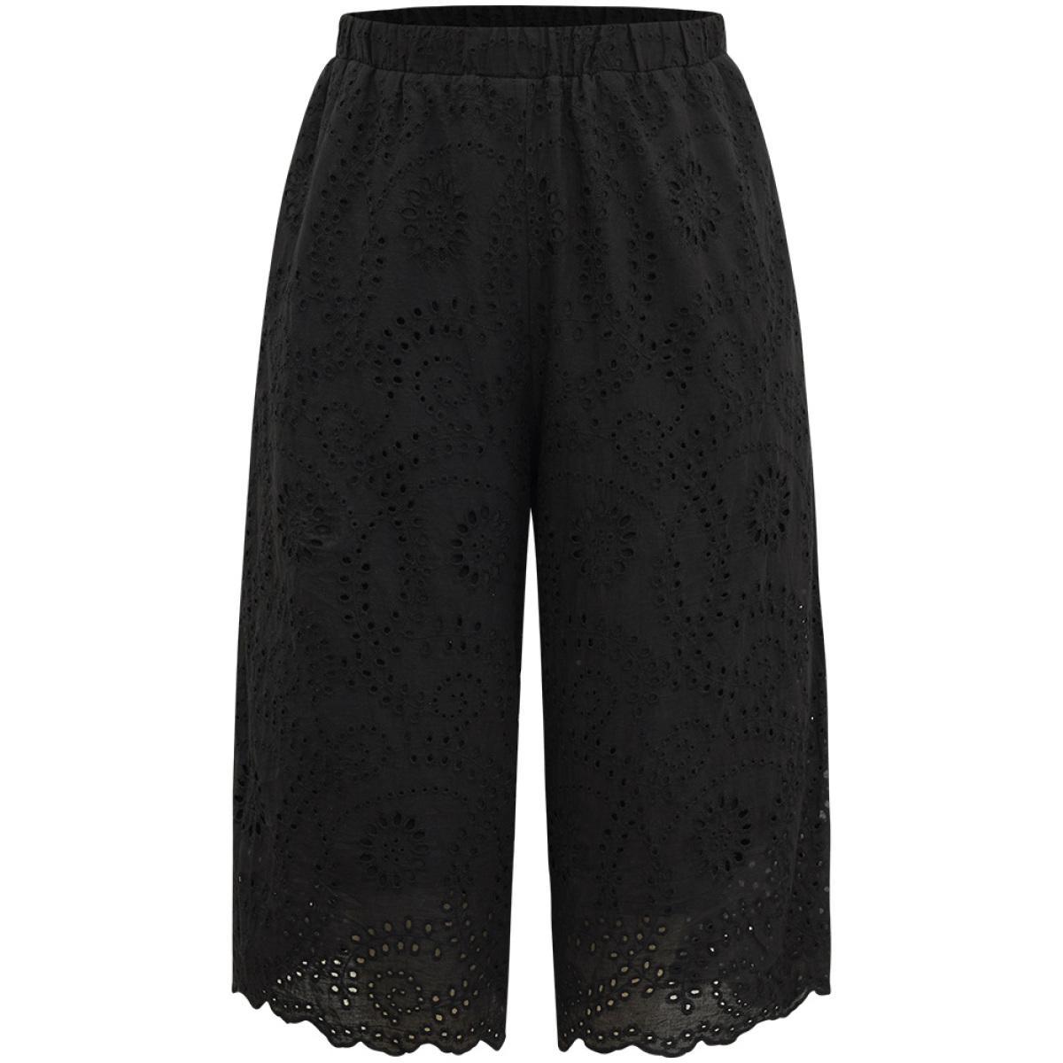 Plus Size Solid Broderie Anglaise Scalloped Trim Cropped Pants Women Black Elegant Straight Leg High Rise Dailywear Pants BloomChic 12/L Product Image