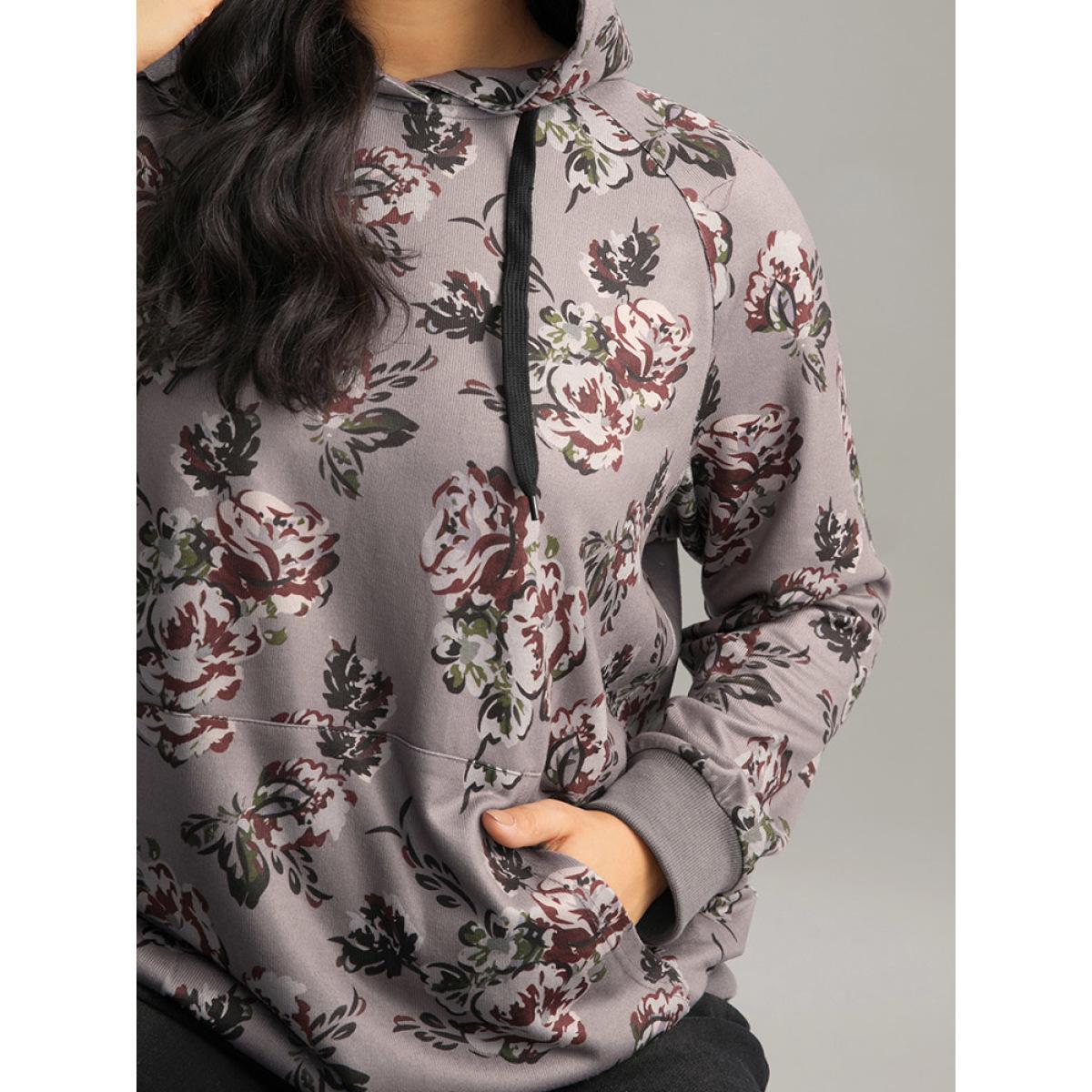 Plus Size Floral Drawstring Hooded Kangaroo Pocket Sweatshirt Women Gray Elegant Printed Hooded Dailywear Sweatshirts BloomChic 12/L Product Image