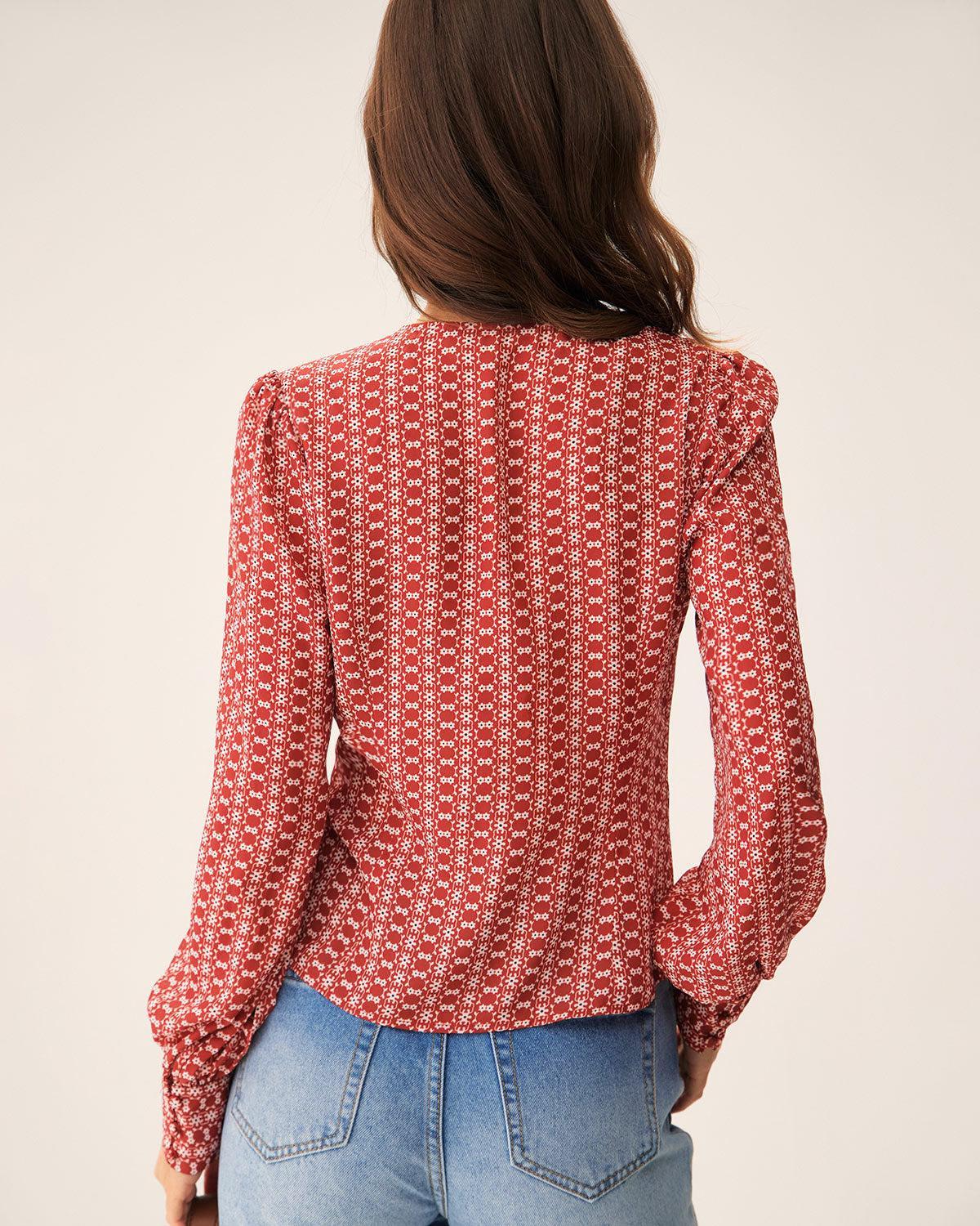 Red Floral V Neck Blouse Product Image