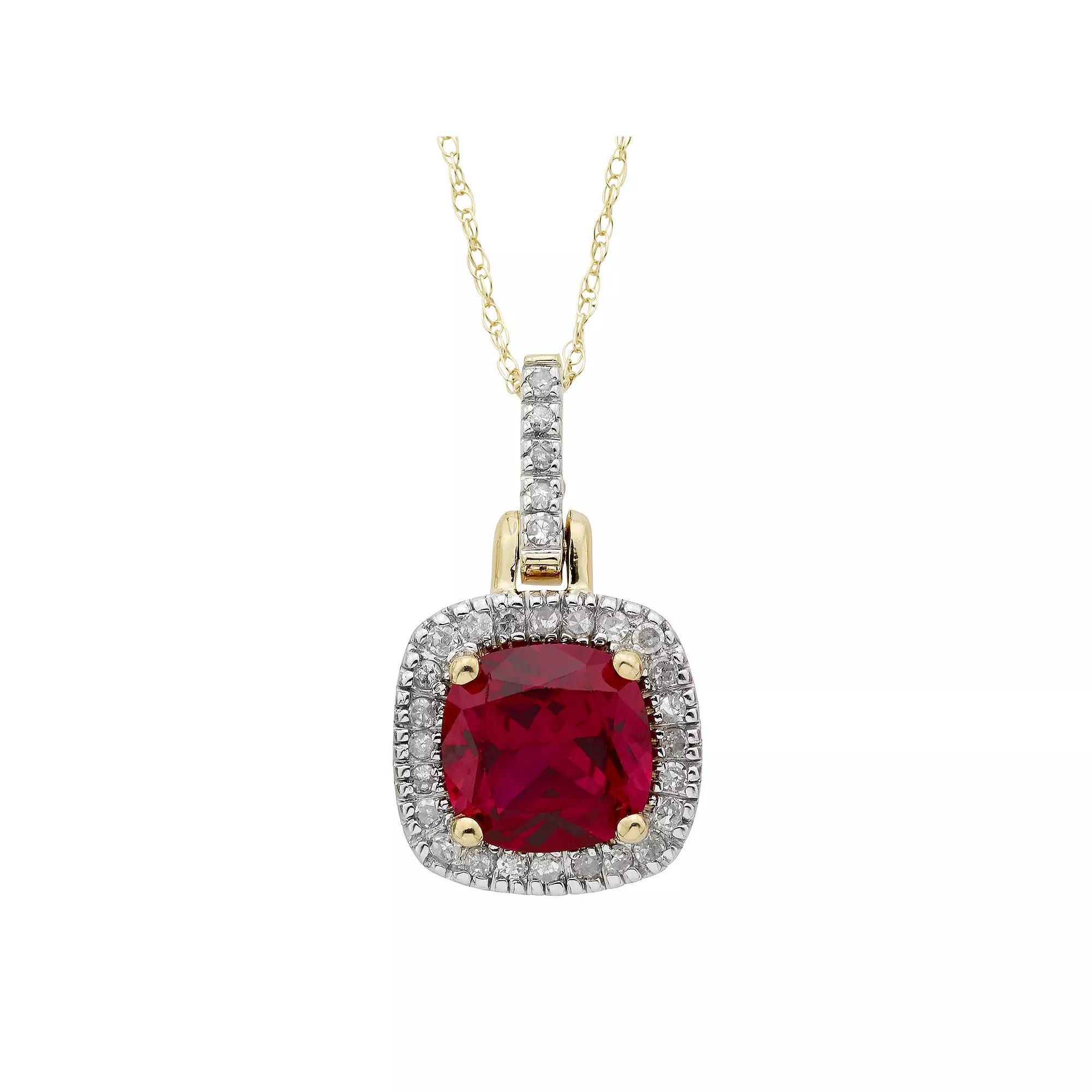 10k Gold Lab-Created Ruby & 1/8 Carat T.W. Diamond Halo Pendant Necklace, Womens Yellow Product Image