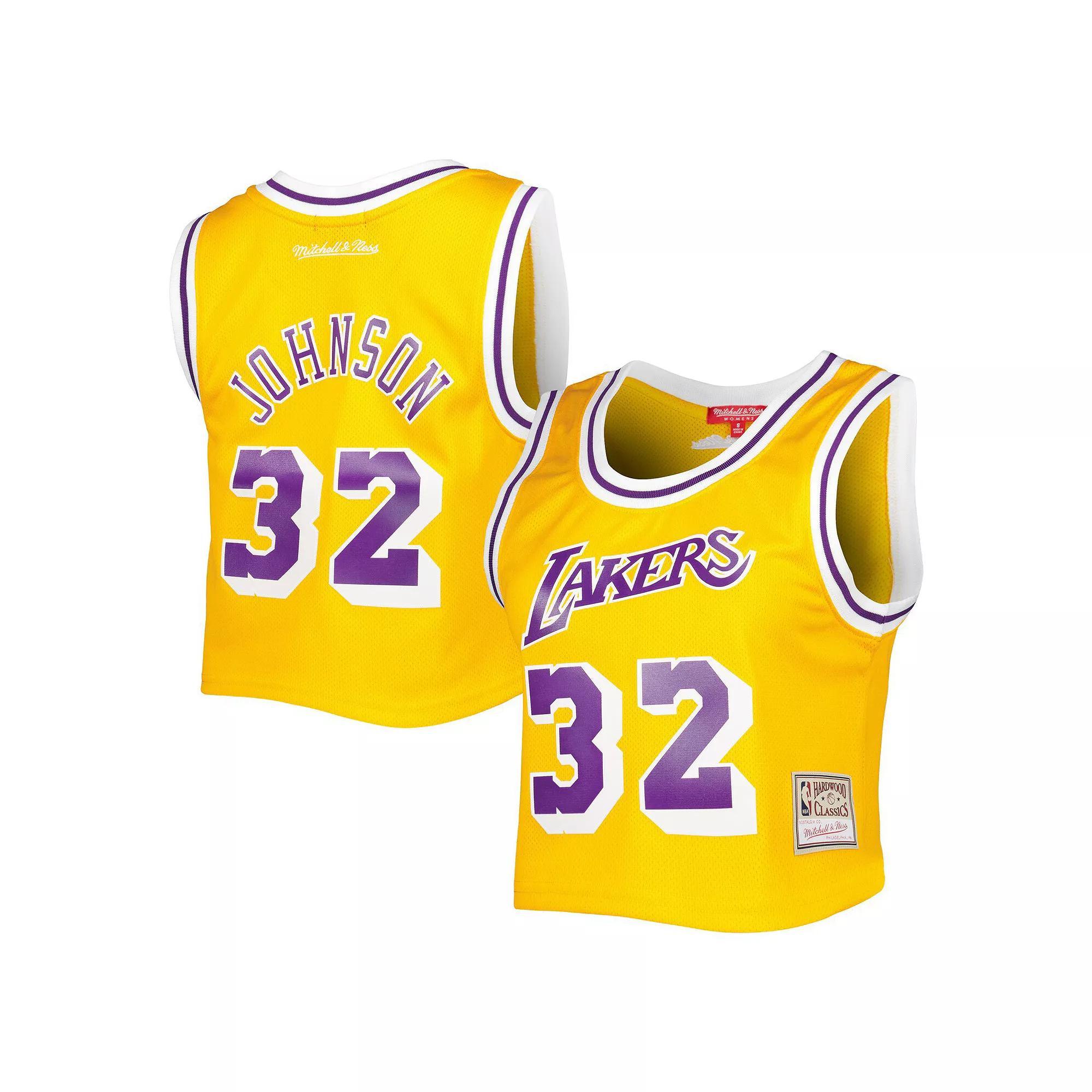 Women's Mitchell & Ness Magic Johnson Gold Los Angeles Lakers 1984 Hardwood Classics Crop Player Tank Top, Size: Small Product Image