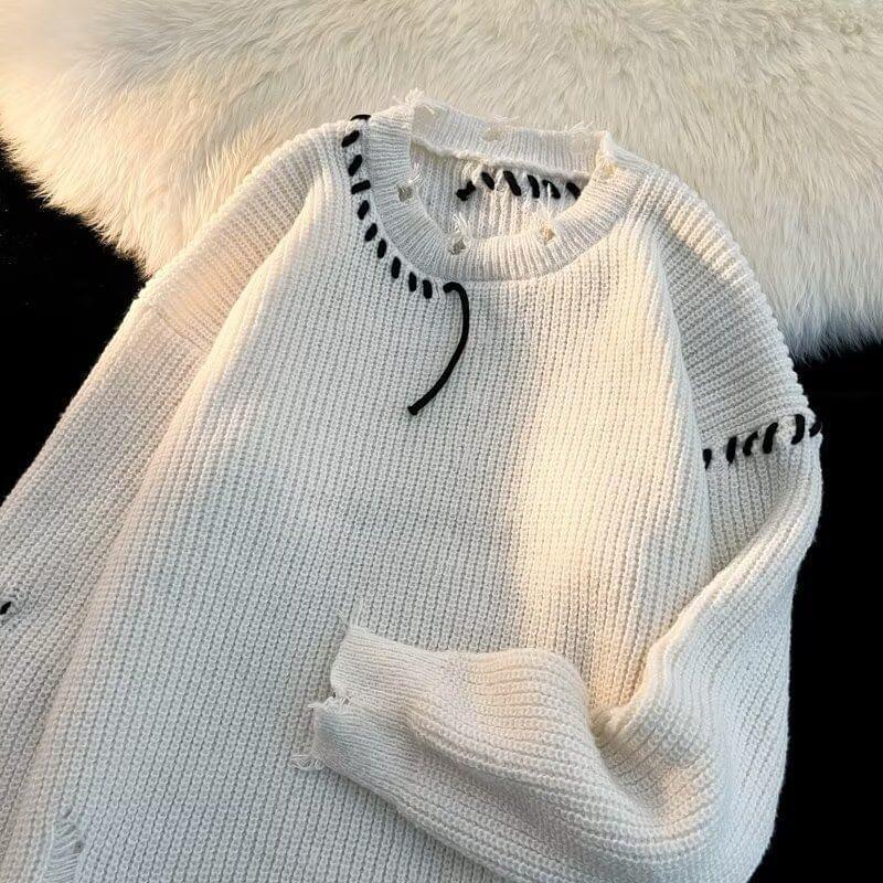 Crew Neck Distressed Stitching Oversized Sweater Product Image