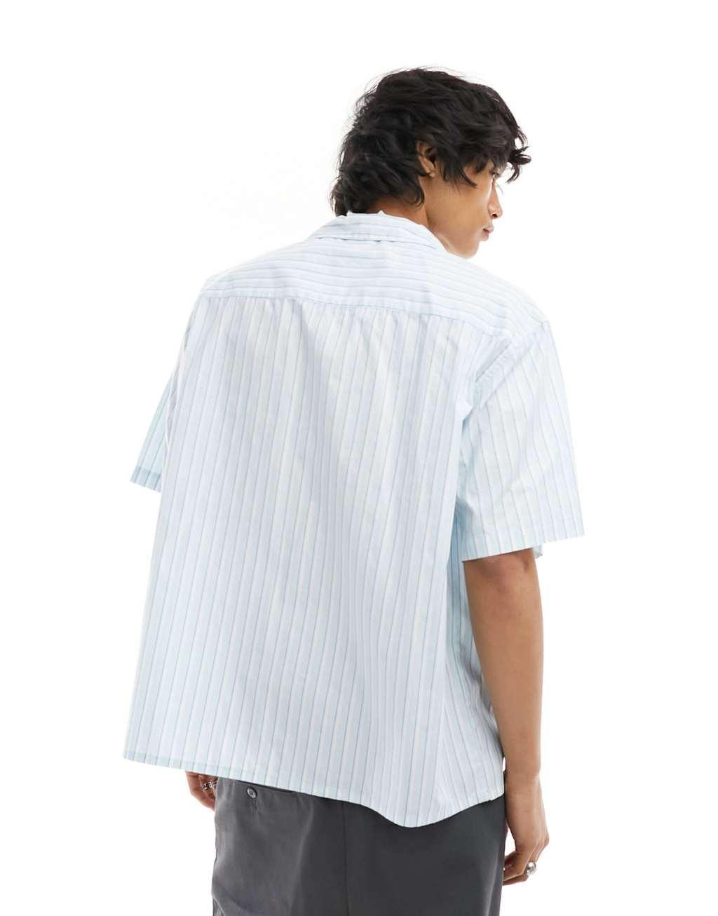 COLLUSION oversized poplin revere short sleeve shirt in blue stripe Product Image