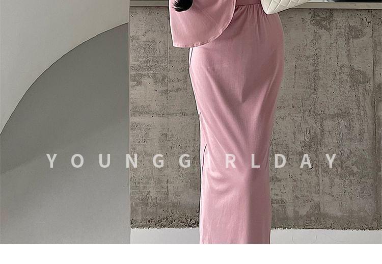 Long Sleeve V-Neck Plain Gathered Slit Maxi Sheath Dress Product Image