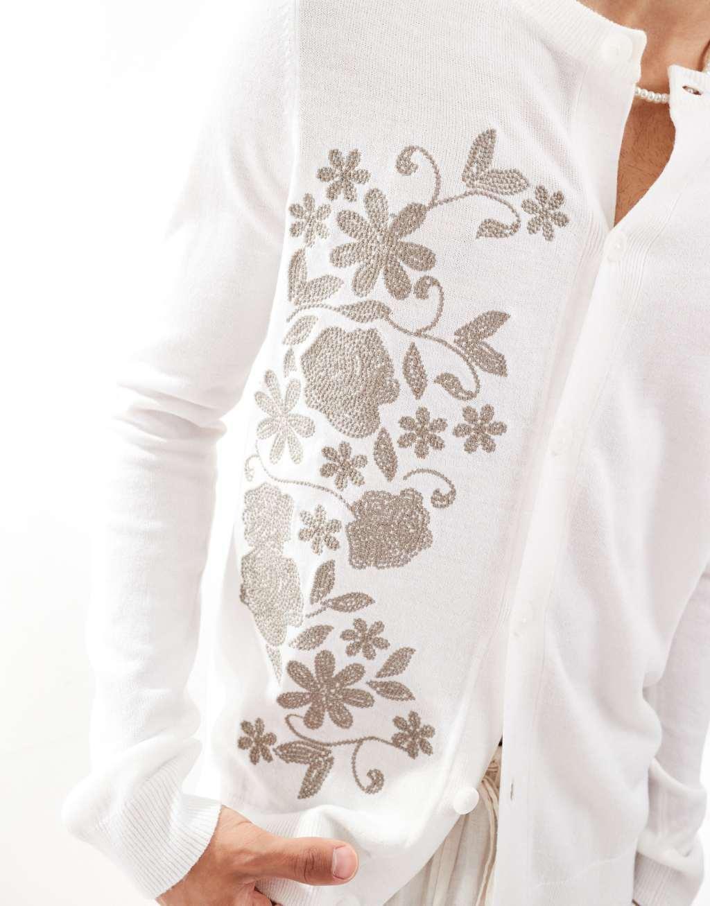 ASOS DESIGN knit crew neck cardigan in ecru with brown floral embroidery Product Image