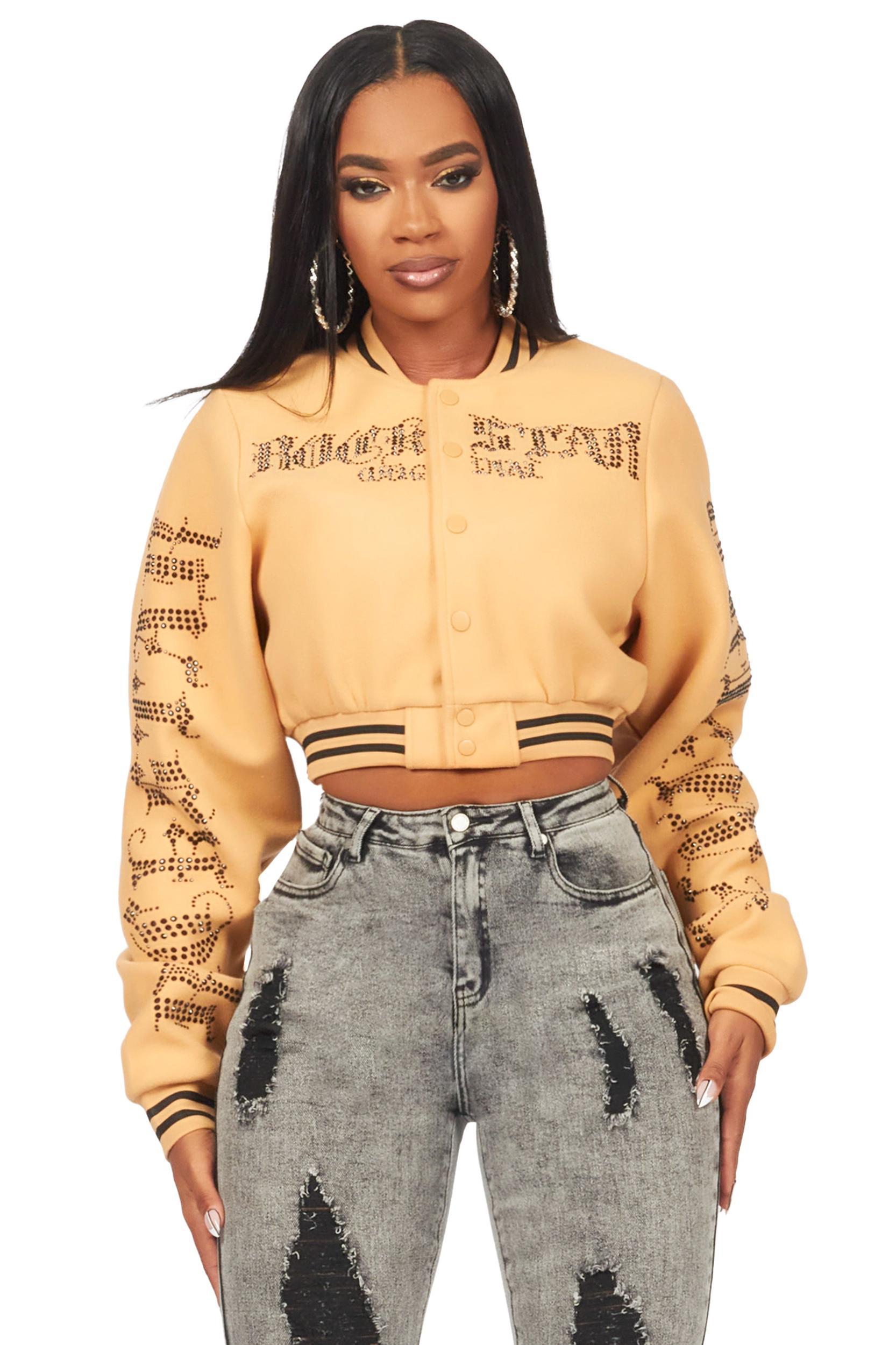 Gianni Tan Crop Rhinestone Varsity Jacket Female Product Image