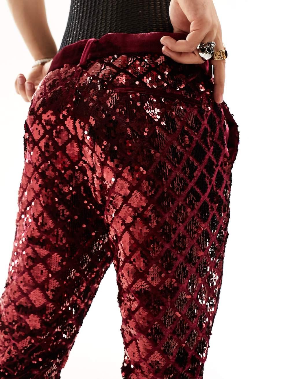 ASOS DESIGN skinny suit pants in diamond sequin in burgundy Product Image