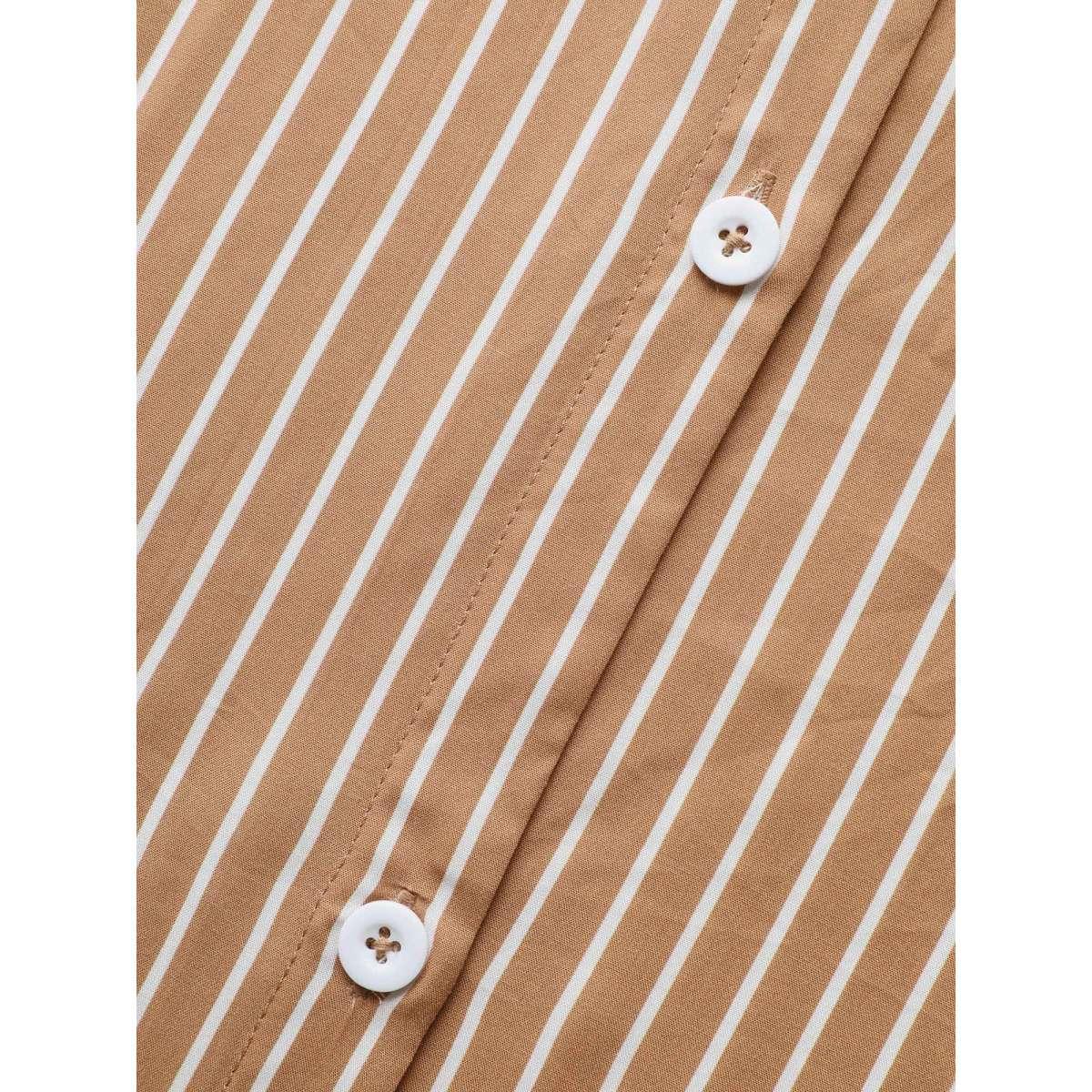 Plus Size Striped Shirt Collar Curved Hem Midi Dress LightBrown Women Workwear Essentials Belted Shirt collar Long Sleeve Curvy BloomChic 10/M Product Image