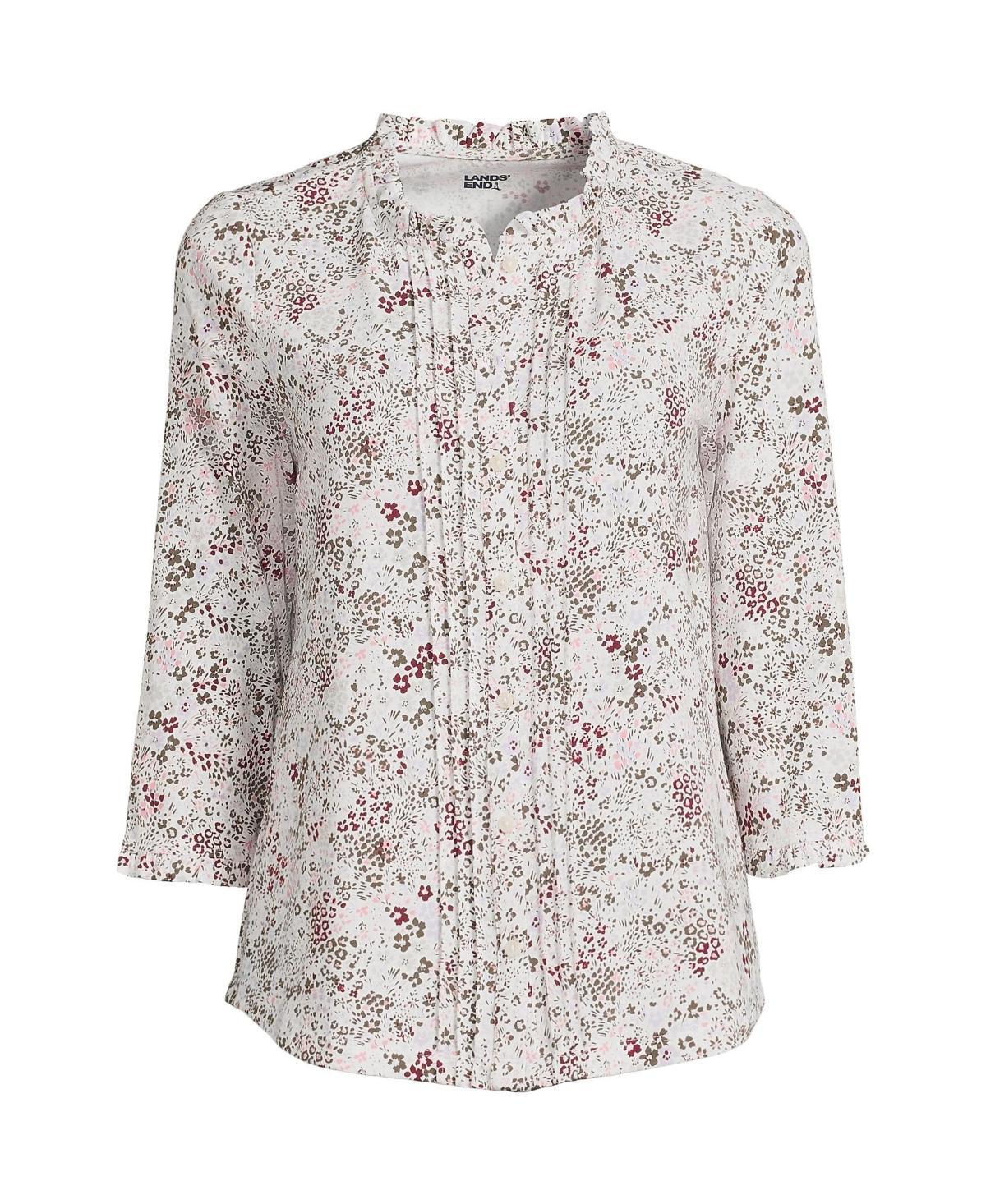 Lands End Womens Plus Size 3/4 Sleeve Light Weight Jersey Ruffle Neck Pintuck Top Product Image