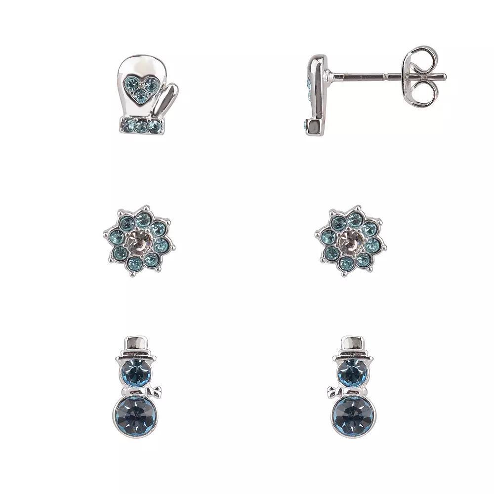 FAO Schwarz Silver Tone Crystal Snowman & Mittens Trio Stud Earrings Set, Womens, Blue Product Image